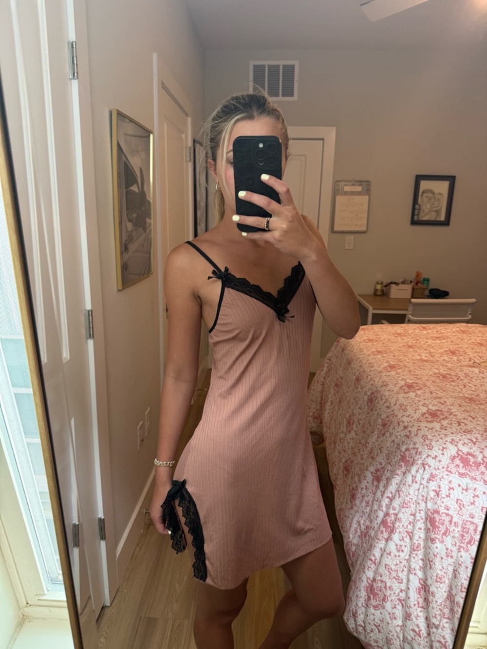 Ladies Ribbed Lace Trim Slip Nightdress - Blush Pink